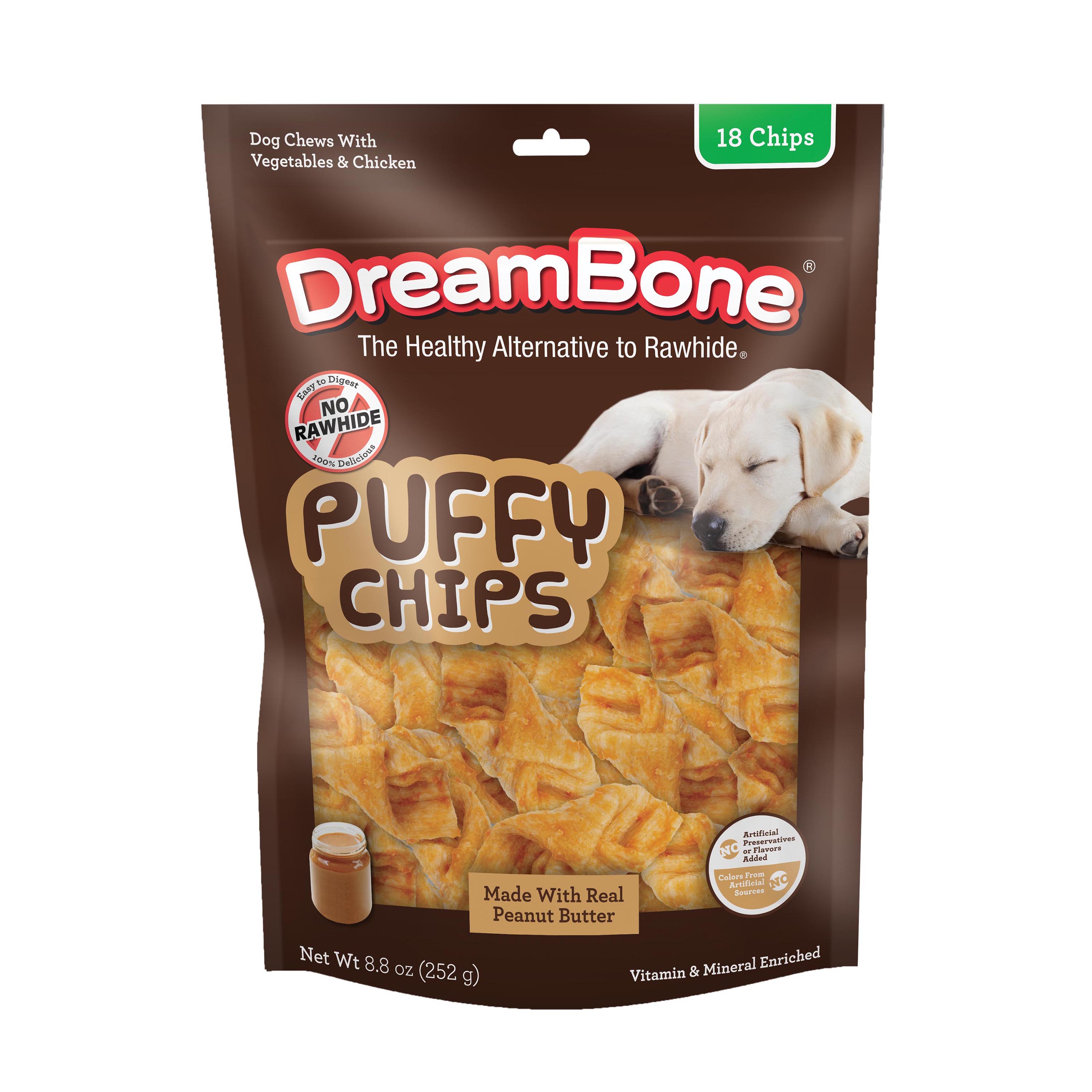 Puffy Chips 18 Count Made With Real Peanut Butter Rawhide Free Chews For Dogs DreamBone